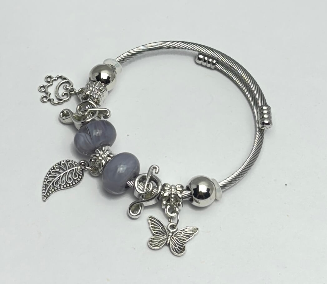 Silver bracelet with charms on a white background