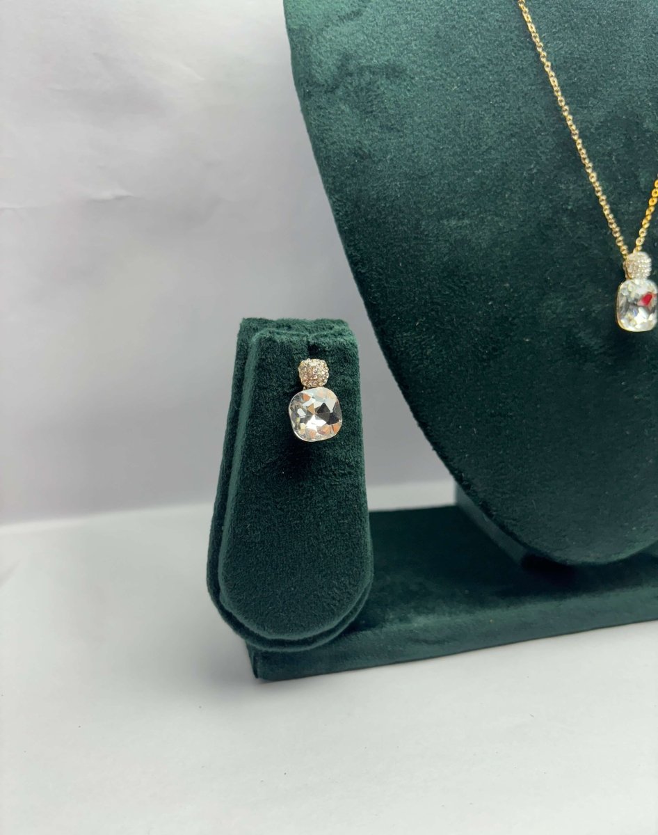 AUREYA Cushion-Cut Crystal Pendant Necklace with Matching Earrings Set – Gold-Tone ChainAUREYA FASHIONClear