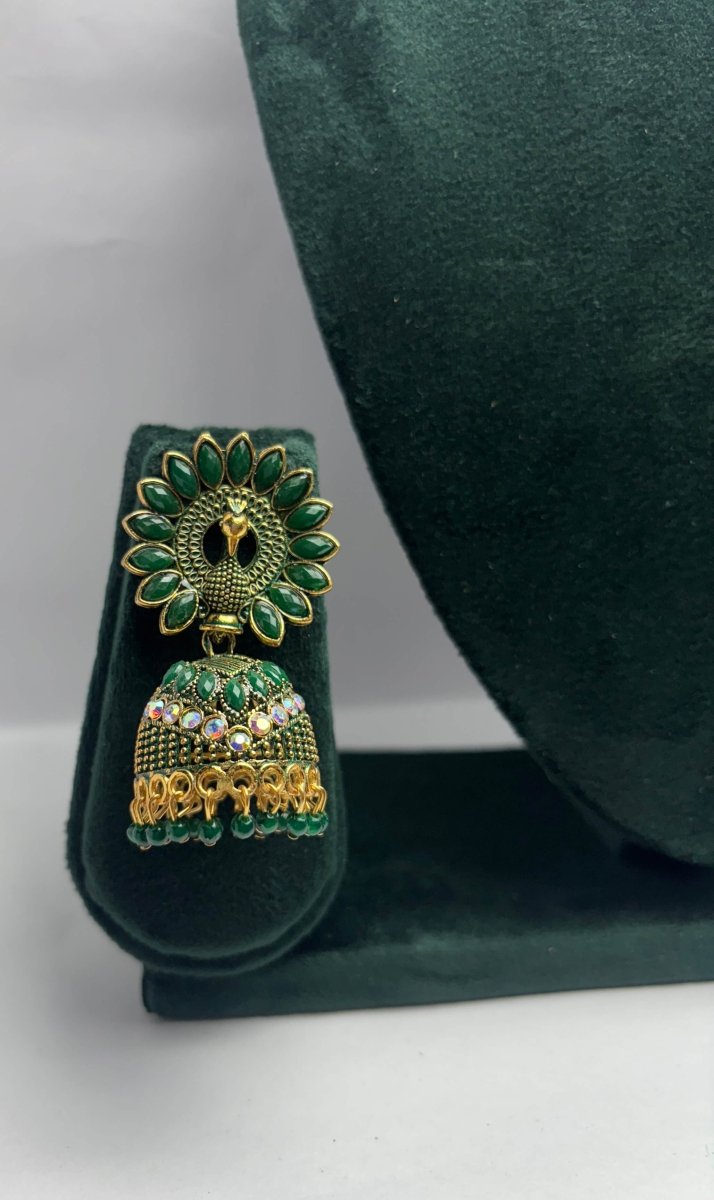 Gold Plated Peacock Jhumka Earrings with Stones - Trendy Ethnic Party Wear | AureyaGreenantique finish earrings