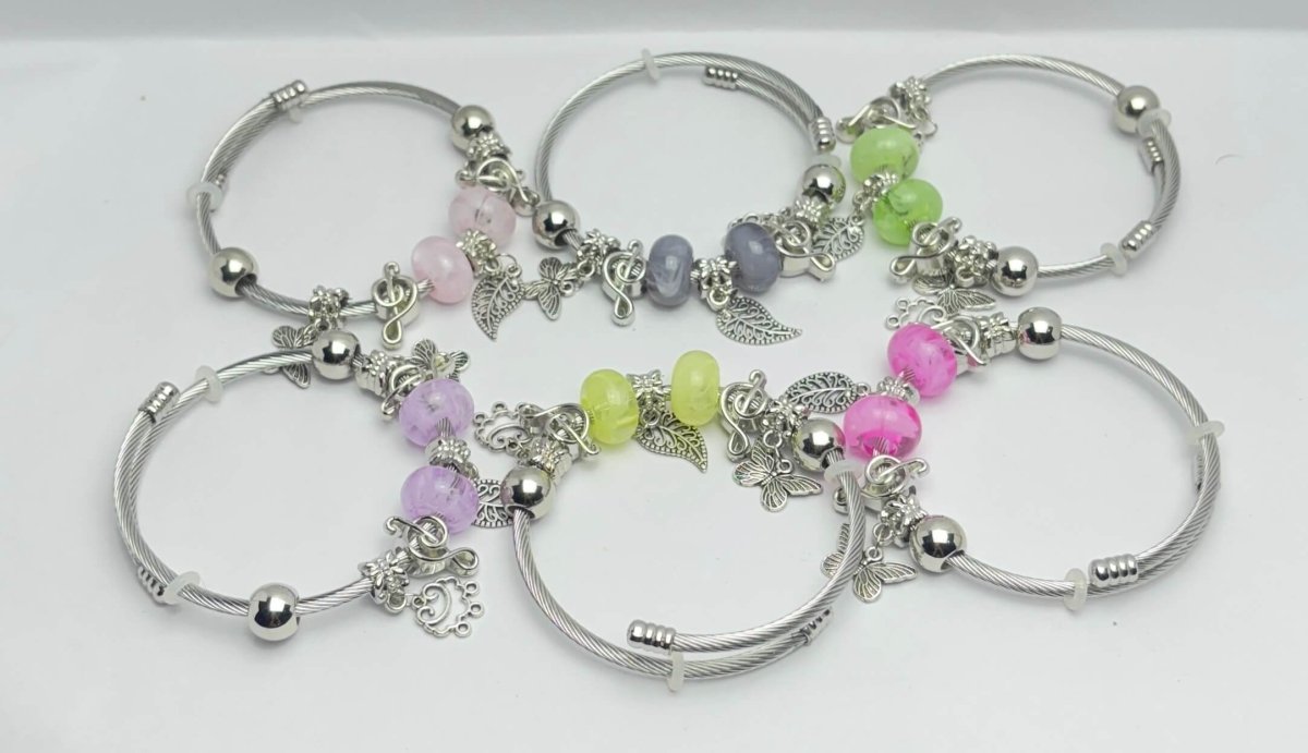 Silver Charm Bangle Bracelet– Adjustable Fashion Jewelry with Colorful Beads & Charmslight pinkadjustable braceletboho