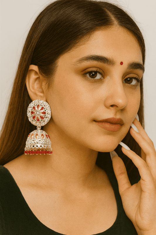 Meenakari Bridal Party Silver Jhumka Earrings | AureyaRedbridal jhumka earringsethnic earringsfestive earrings for women