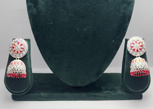 pair of silver oxidized jhumka with red beads