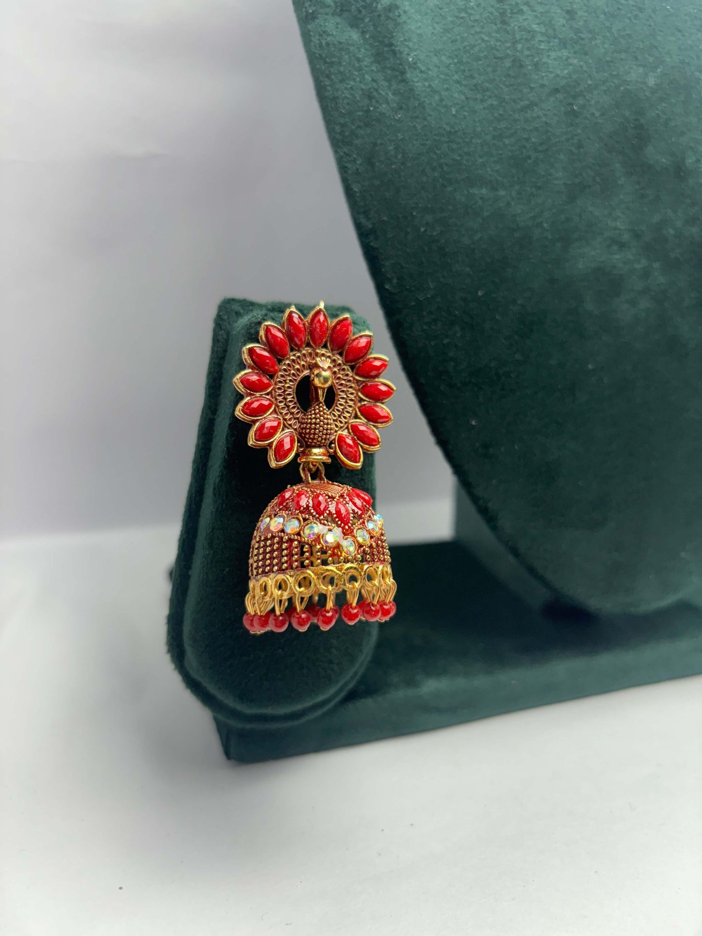 Pair of red peacock jhumka earring