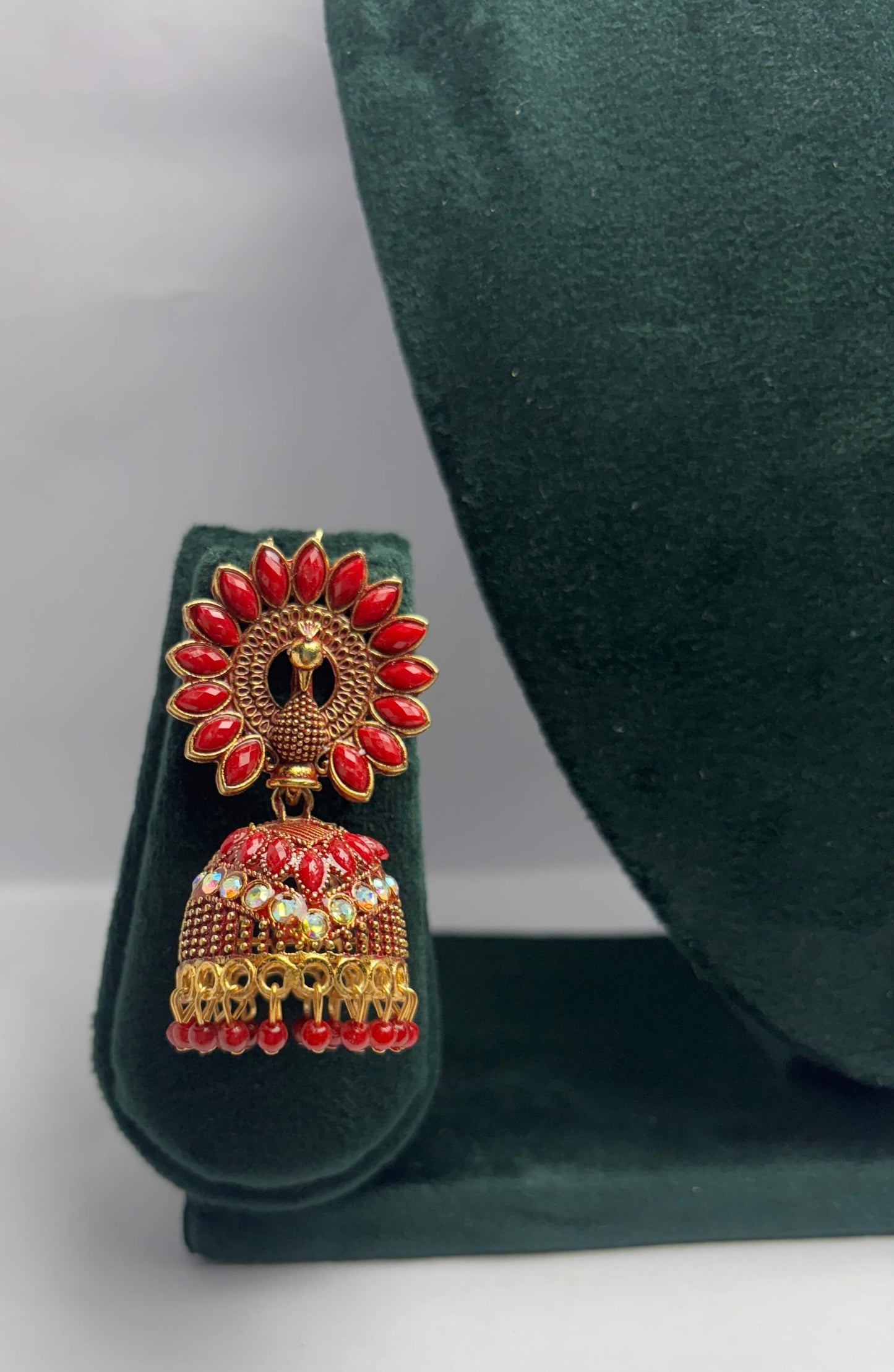 Pair of red peacock jhumka earring