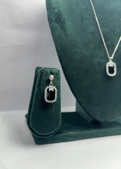 Black Onyx Necklace and Drop Earrings Set | Silver-Tone Party Wear Jewelry | Aureyaartificial jewelry India