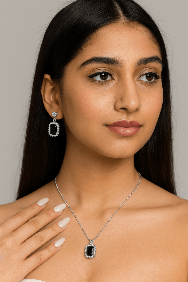 Black Onyx Necklace and Drop Earrings Set | Silver-Tone Party Wear Jewelry | Aureyaartificial jewelry India