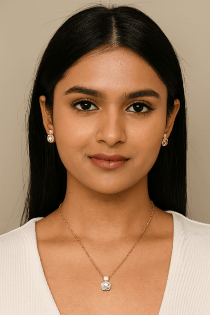 AUREYA Cushion-Cut Crystal Pendant Necklace with Matching Earrings Set – Gold-Tone ChainAUREYA FASHIONClear