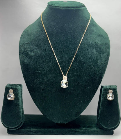 AUREYA Cushion-Cut Crystal Pendant Necklace with Matching Earrings Set – Gold-Tone ChainAUREYA FASHIONClear