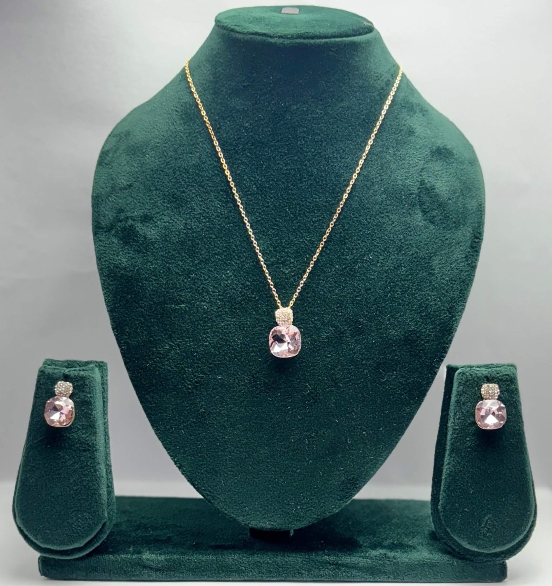 AUREYA Cushion-Cut Crystal Pendant Necklace with Matching Earrings Set – Gold-Tone ChainAUREYA FASHIONClear