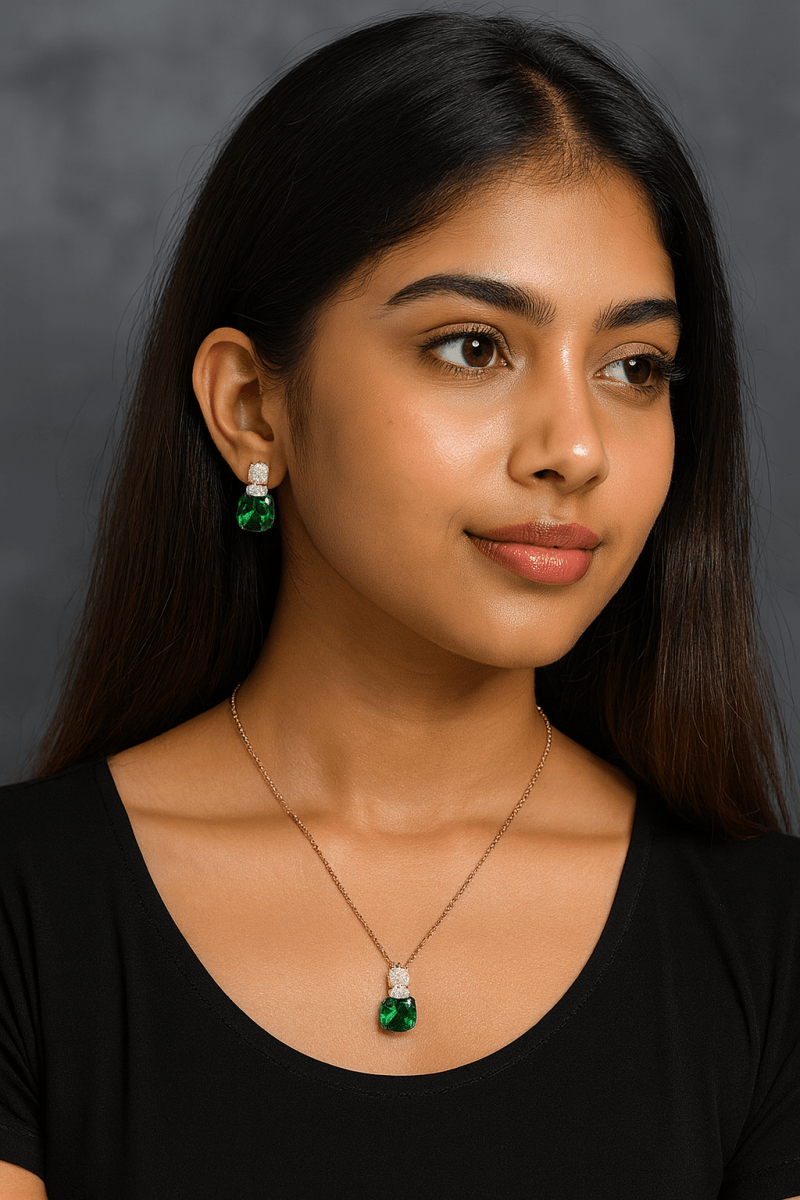 AUREYA Cushion-Cut Crystal Pendant Necklace with Matching Earrings Set – Gold-Tone ChainAUREYA FASHIONGreen
