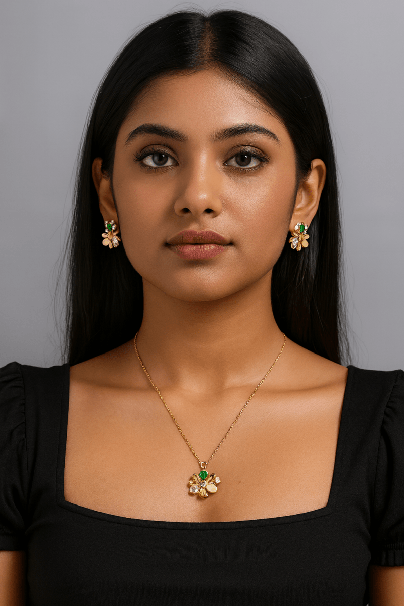 Elegant Floral Crystal Pendant Necklace Set | Party, Wedding & Festive Jewelry | AureyaAUREYA FASHIONGreenartificial jewelry