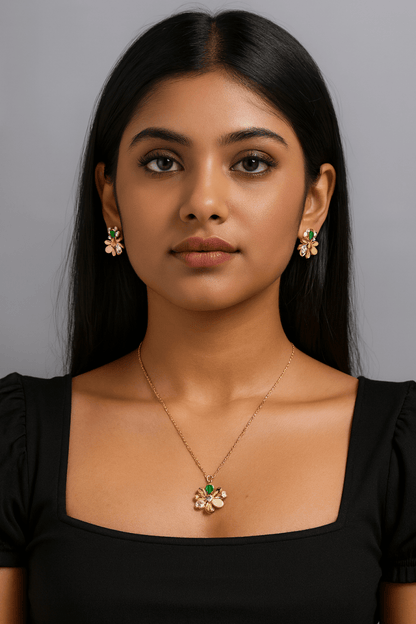 Elegant Floral Crystal Pendant Necklace Set | Party, Wedding & Festive Jewelry | AureyaAUREYA FASHIONGreenartificial jewelry