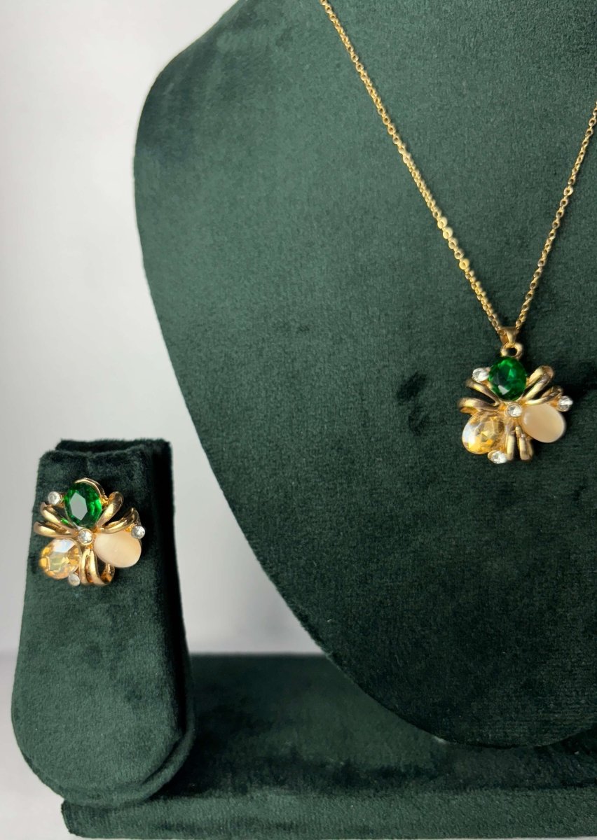 Elegant Floral Crystal Pendant Necklace Set | Party, Wedding & Festive Jewelry | AureyaAUREYA FASHIONGreenartificial jewelry