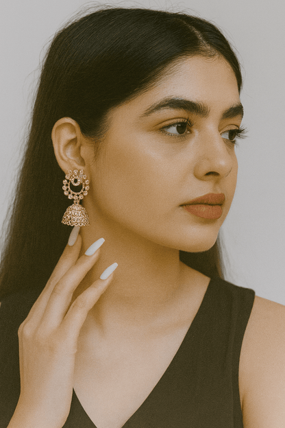 Gold-Tone Jhumka Earrings - Stone Studded Floral Top | Party & Ethnic Wear | Aureyabridal jhumka earrings