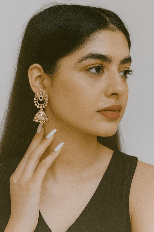 Gold-Tone Jhumka Earrings - Stone Studded Floral Top | Party & Ethnic Wear | Aureyabridal jhumka earrings