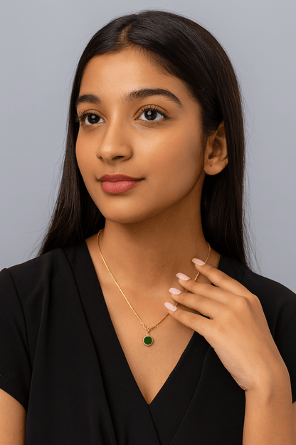 Elegant Round Halo Gem Necklace – Minimalist Jewelery Gift for Her | AureyaGreen14k gold necklacebirthstone pendant