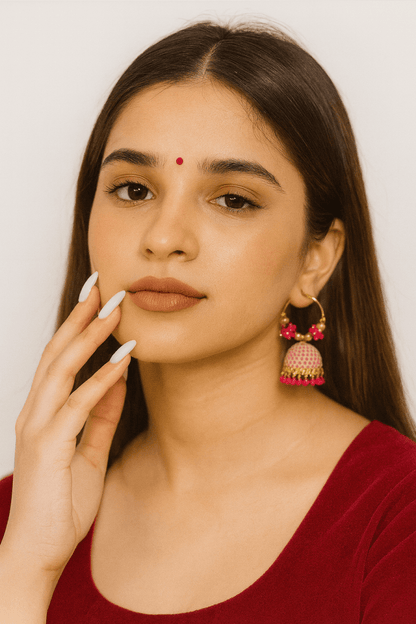 Aureya Gold Plated Jhumka Hoops - Traditional Indian Party Earrings | AureyaPinkbeaded jhumka earringsdome jhumka design