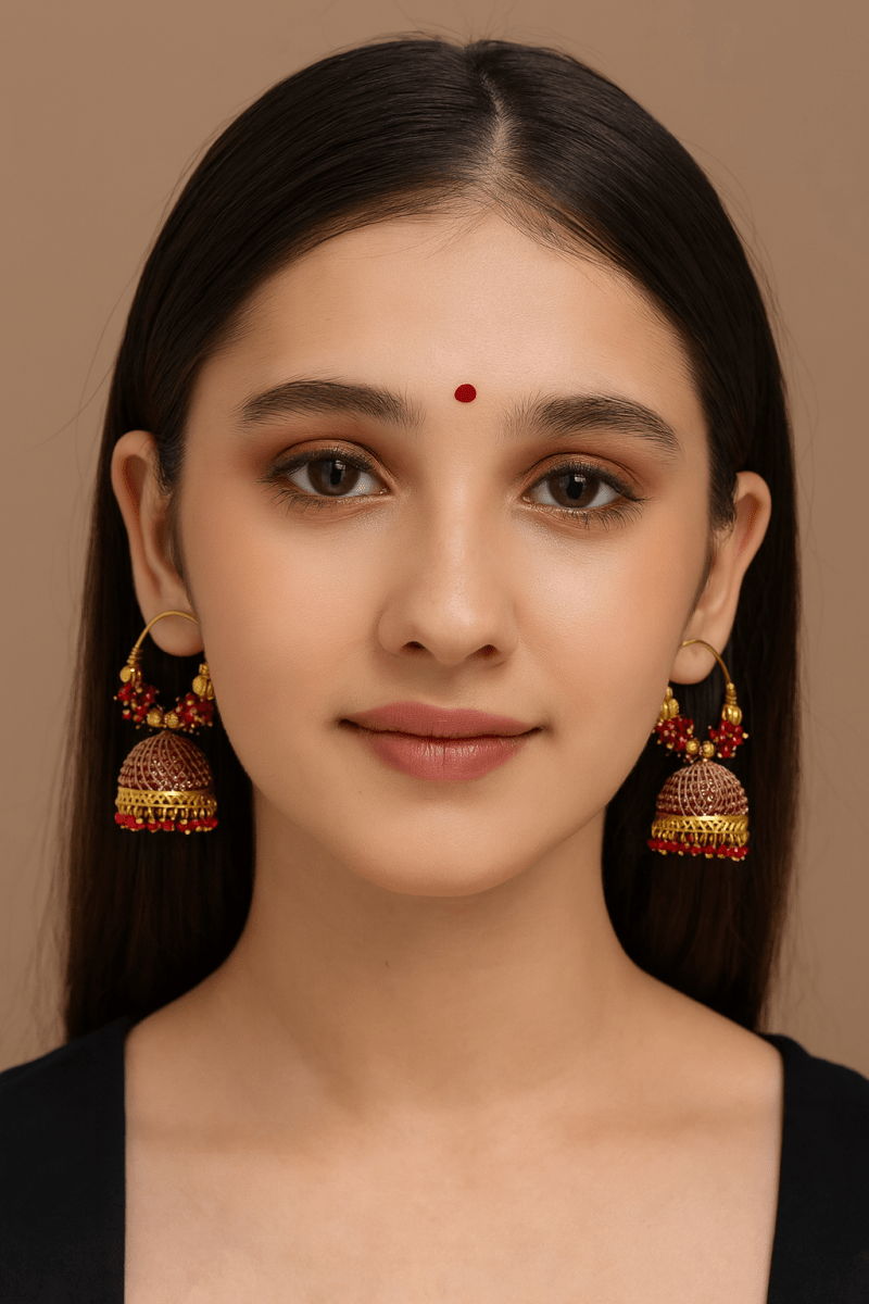 Aureya Gold Plated Jhumka Hoops - Traditional Indian Party Earrings | AureyaRedbeaded jhumka earringsdome jhumka design