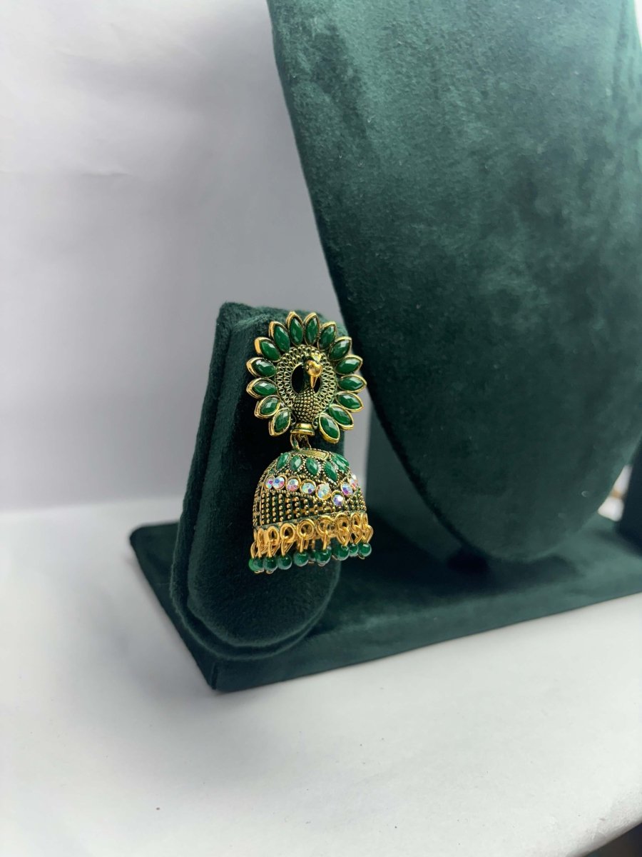 Gold Plated Peacock Jhumka Earrings with Stones - Trendy Ethnic Party Wear | AureyaGreenantique finish earrings