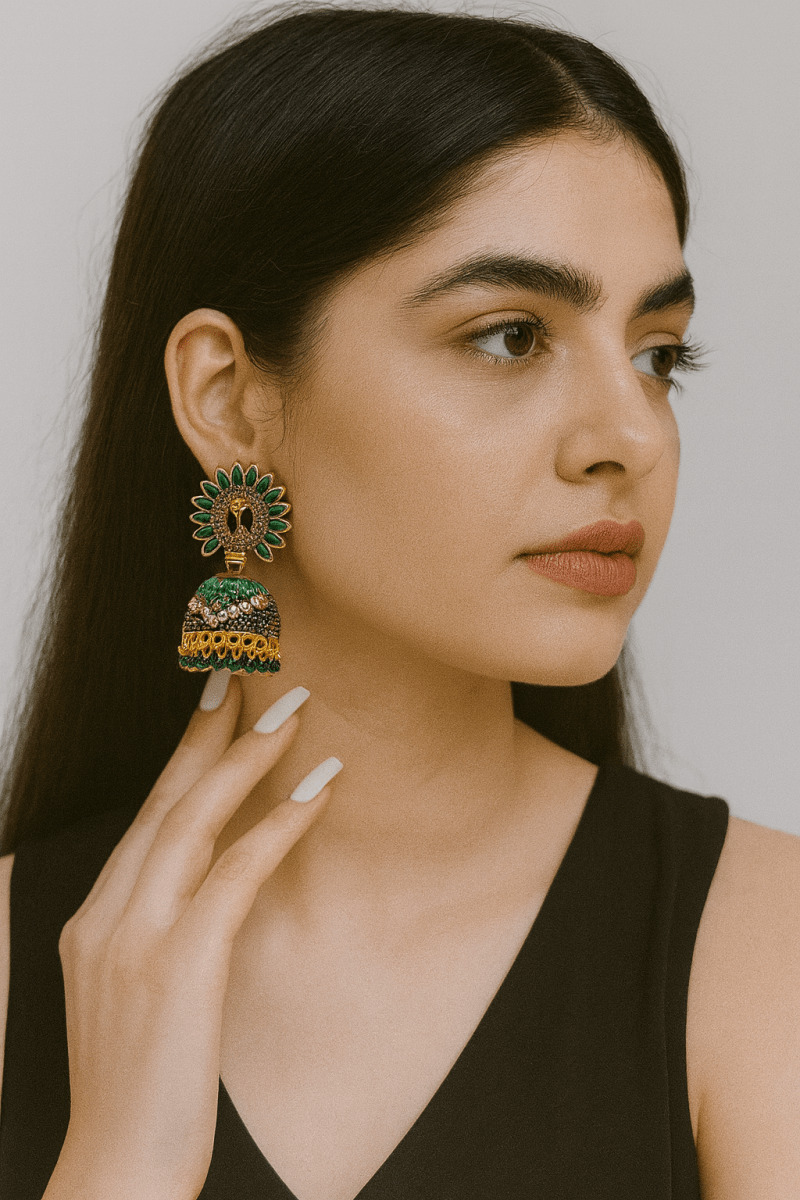 Gold Plated Peacock Jhumka Earrings with Stones - Trendy Ethnic Party Wear | AureyaGreenantique finish earrings