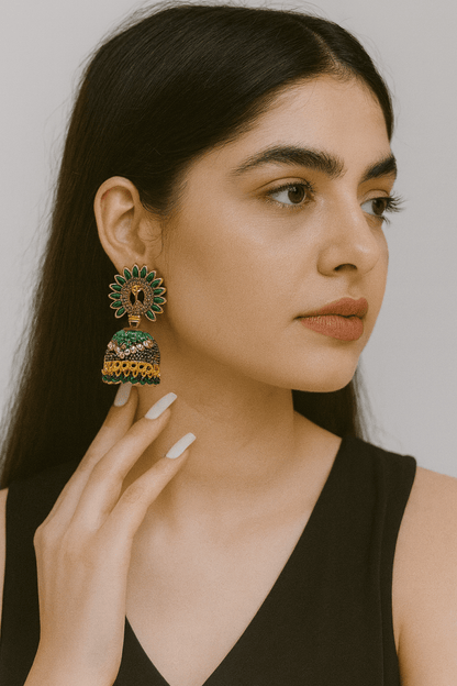 Gold Plated Peacock Jhumka Earrings with Stones - Trendy Ethnic Party Wear | AureyaGreenantique finish earrings