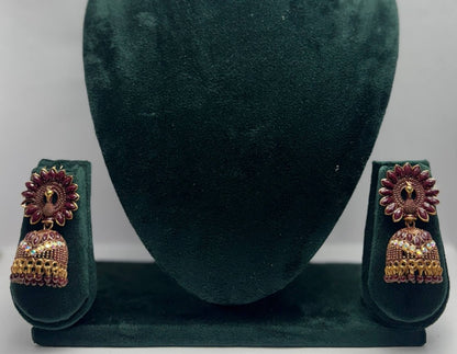 Gold Plated Peacock Jhumka Earrings with Stones - Trendy Ethnic Party Wear | AureyaGreenantique finish earrings