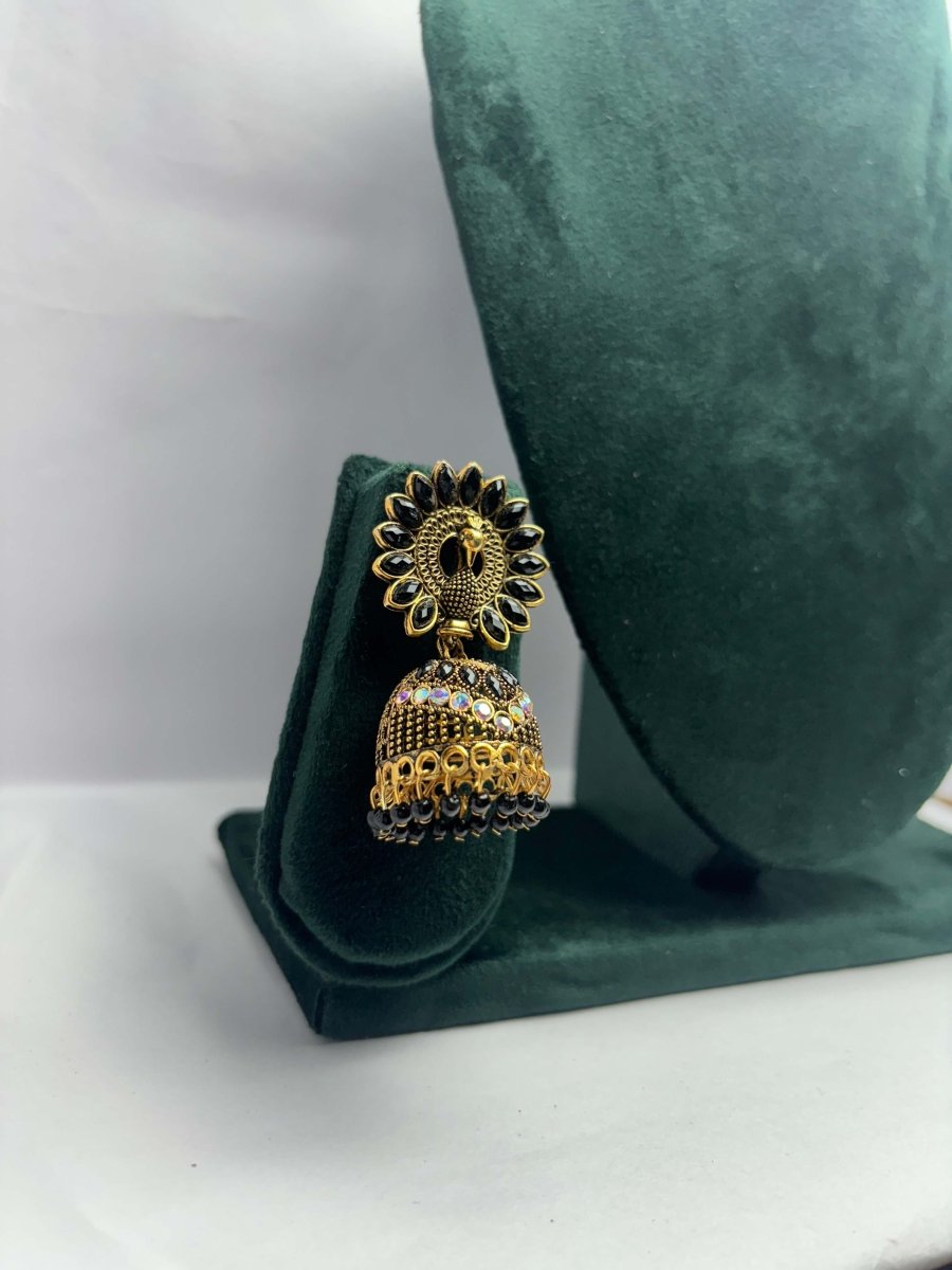Gold Plated Peacock Jhumka Earrings with Stones - Trendy Ethnic Party Wear | AureyaGreenantique finish earrings