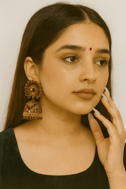 Gold Plated Peacock Jhumka Earrings with Stones - Trendy Ethnic Party Wear | Aureyamaroonantique finish earrings