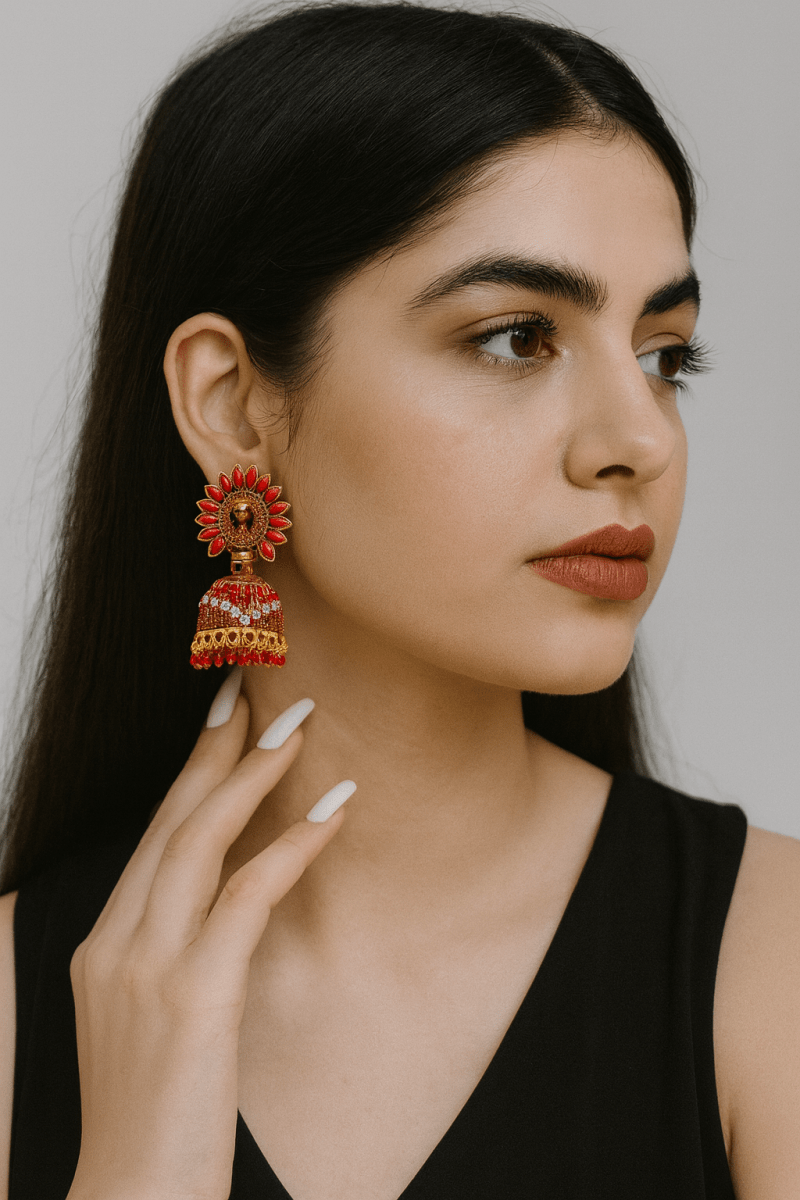 Gold Plated Peacock Jhumka Earrings with Stones - Trendy Ethnic Party Wear | AureyaRedantique finish earrings