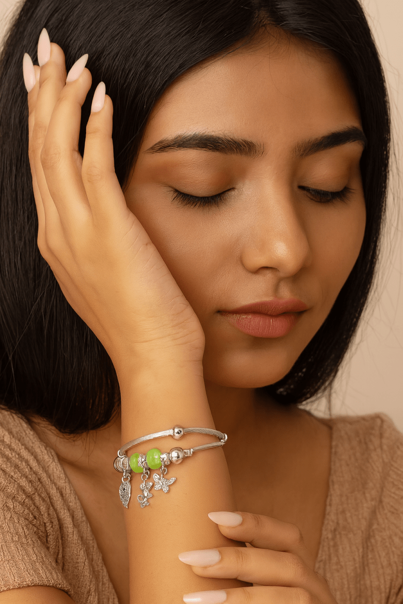 Silver Charm Bangle Bracelet– Adjustable Fashion Jewelry with Colorful Beads & Charmsadjustable braceletboho accessories