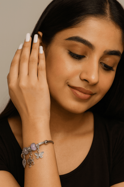 Silver Charm Bangle Bracelet– Adjustable Fashion Jewelry with Colorful Beads & Charmsadjustable braceletboho accessories