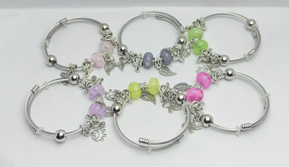 Silver Charm Bangle Bracelet– Adjustable Fashion Jewelry with Colorful Beads & Charmslight pinkadjustable braceletboho