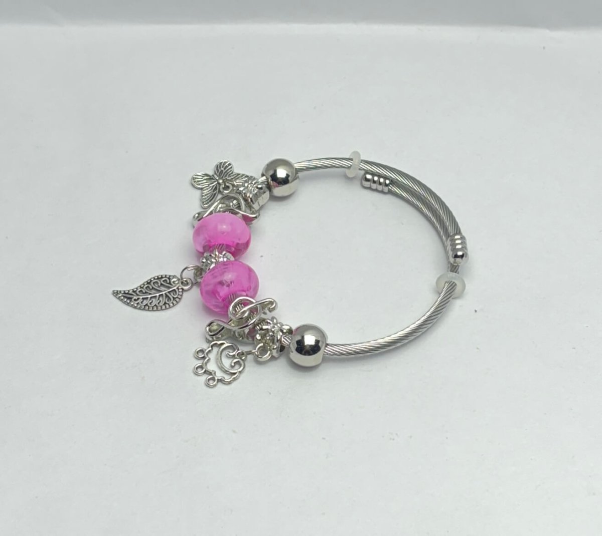 Silver Charm Bangle Bracelet– Adjustable Fashion Jewelry with Colorful Beads & CharmsPinkadjustable braceletboho accessories