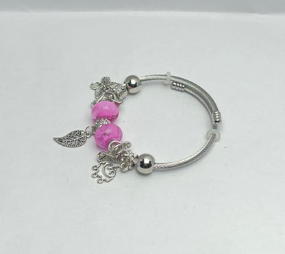 Silver Charm Bangle Bracelet– Adjustable Fashion Jewelry with Colorful Beads & CharmsPinkadjustable braceletboho accessories