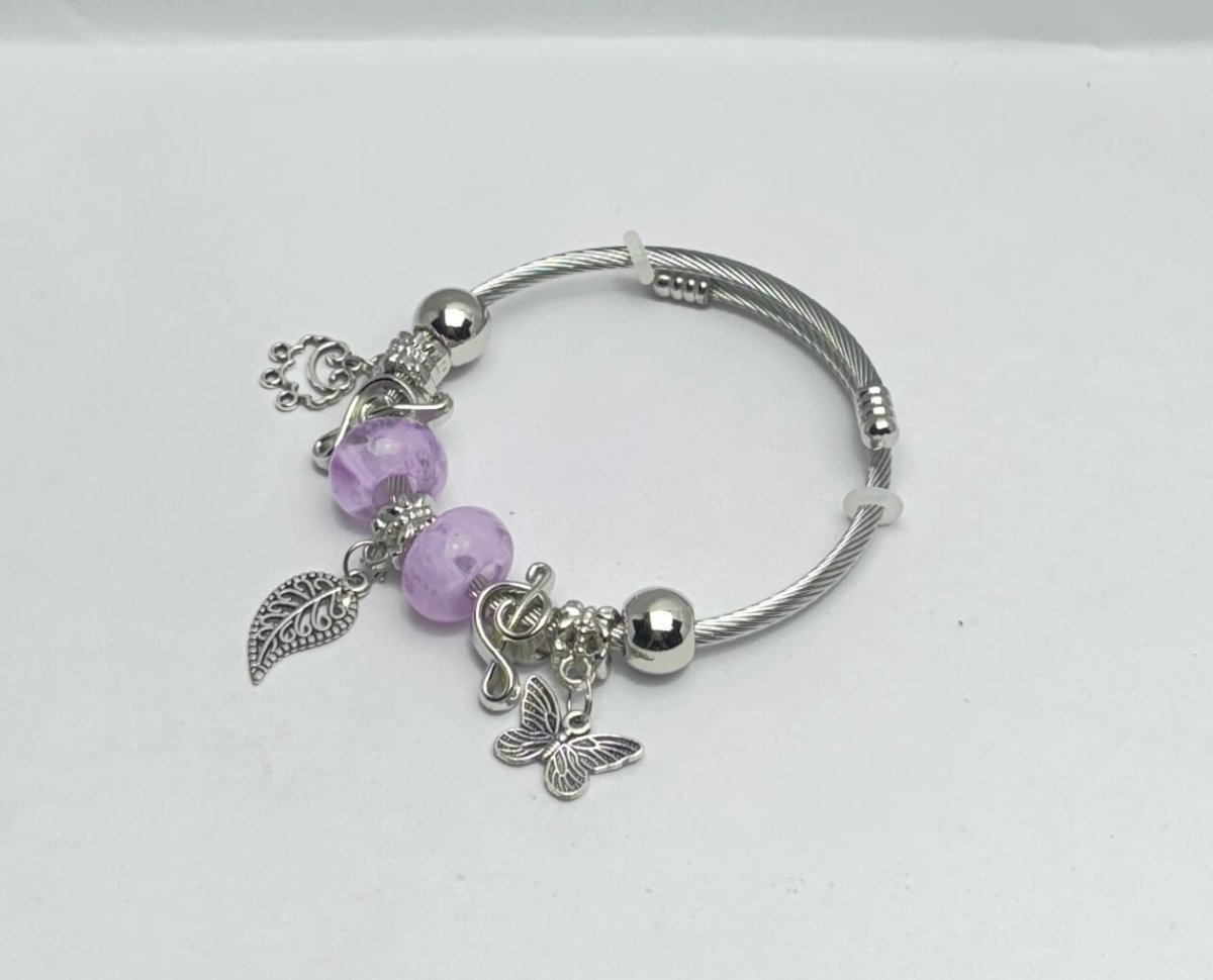 Silver Charm Bangle Bracelet– Adjustable Fashion Jewelry with Colorful Beads & CharmsPurpleadjustable braceletboho