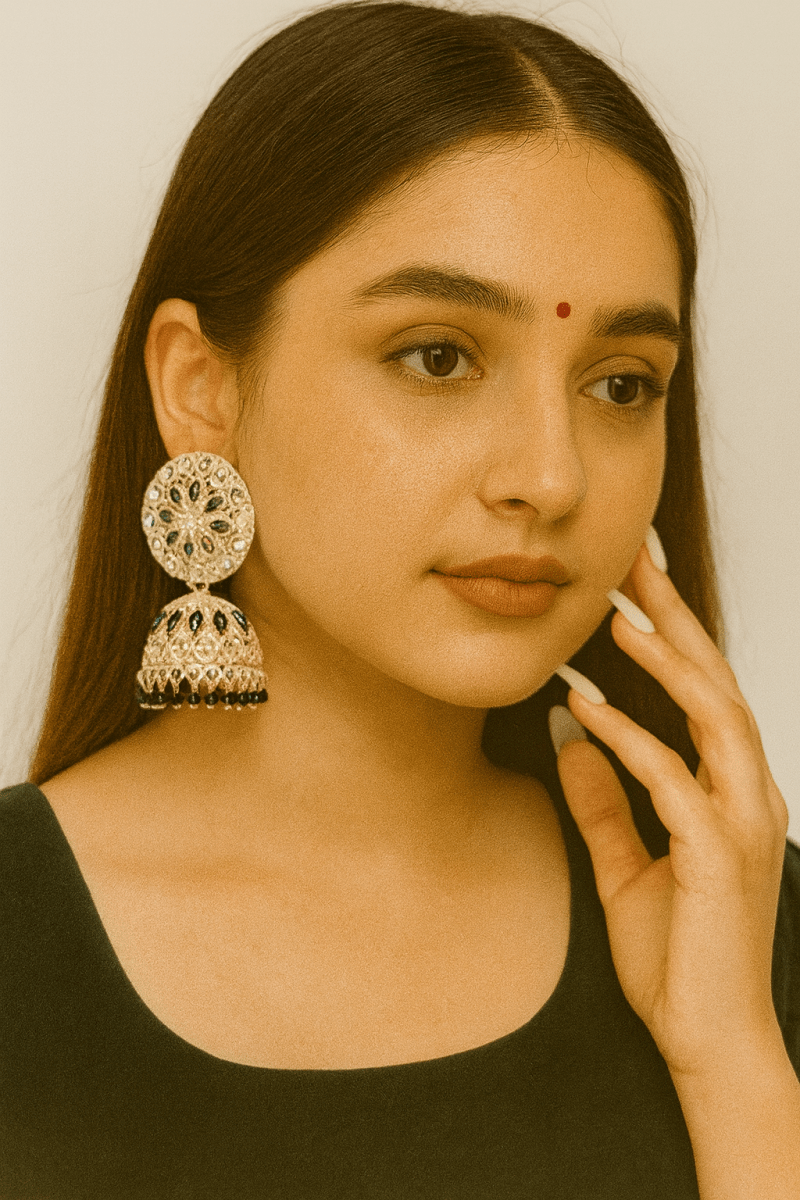 Meenakari Bridal Party Silver Jhumka Earrings | AureyaBlackbridal jhumka earringsethnic earringsfestive earrings for women