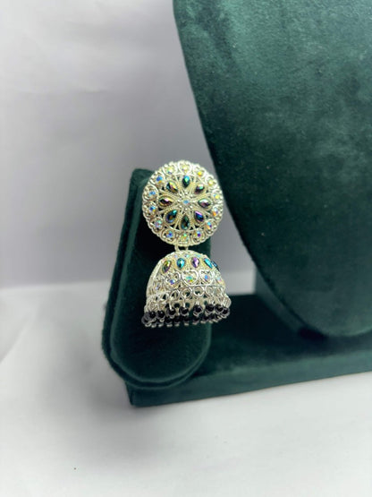 Meenakari Bridal Party Silver Jhumka Earrings | AureyaBlackbridal jhumka earringsethnic earringsfestive earrings for women