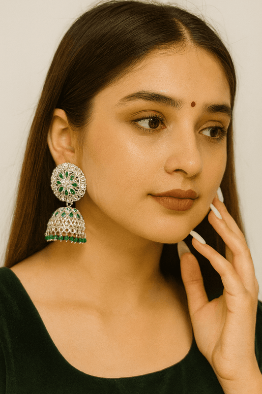 Meenakari Bridal Party Silver Jhumka Earrings | AureyaGreenbridal jhumka earringsethnic earringsfestive earrings for women
